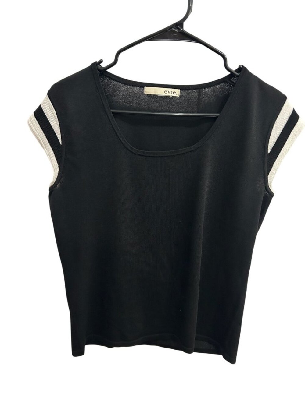 Evie Womens Black Knit Scoop Neck Cap Sleeve Stripe Top Preppy Minimalist